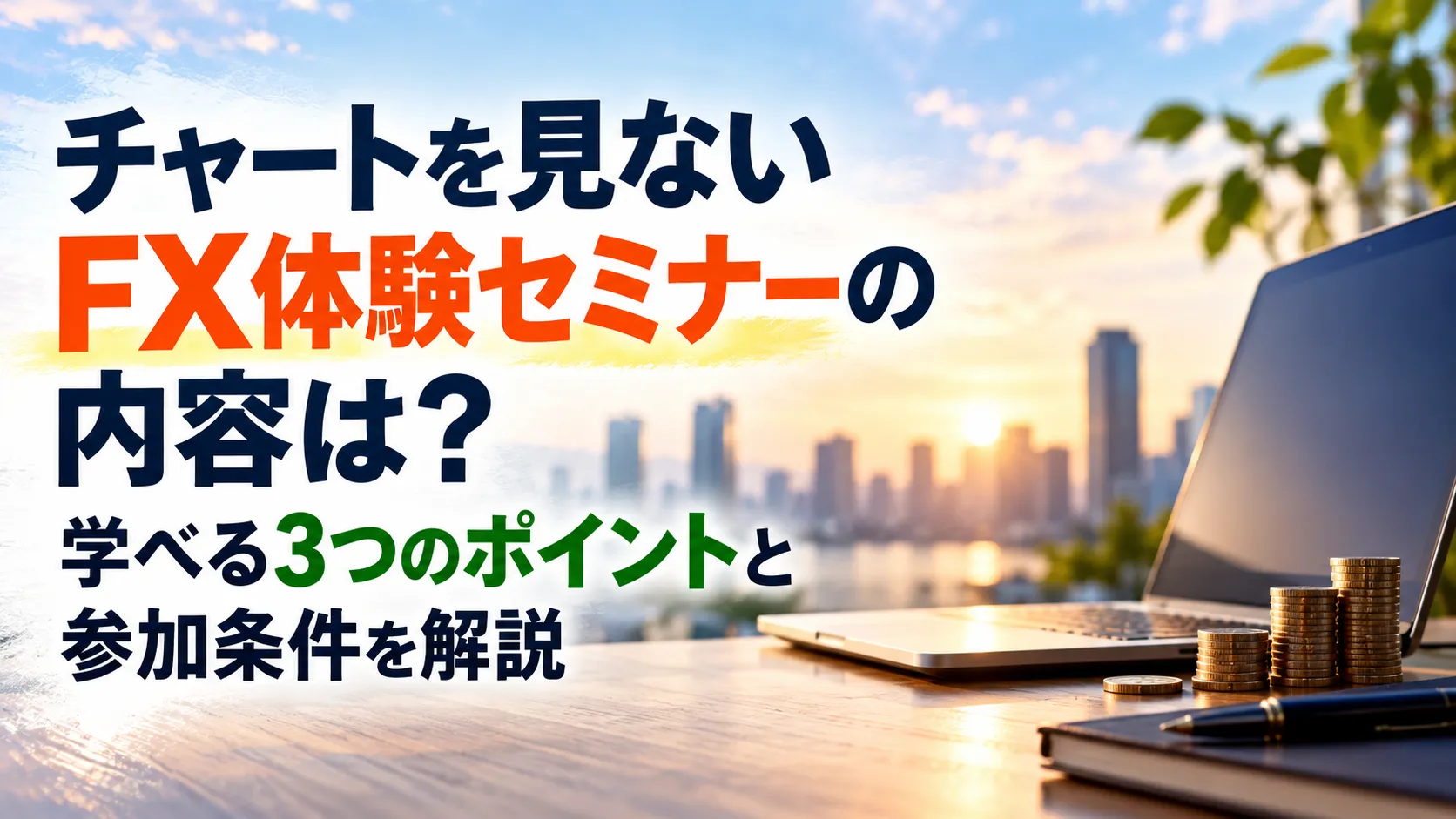 夕日に照らされたノートパソコンとデスクを背景に、チャートを見ないFX体験セミナーの内容と学べる3つのポイント、参加条件を紹介するアイキャッチ画像。