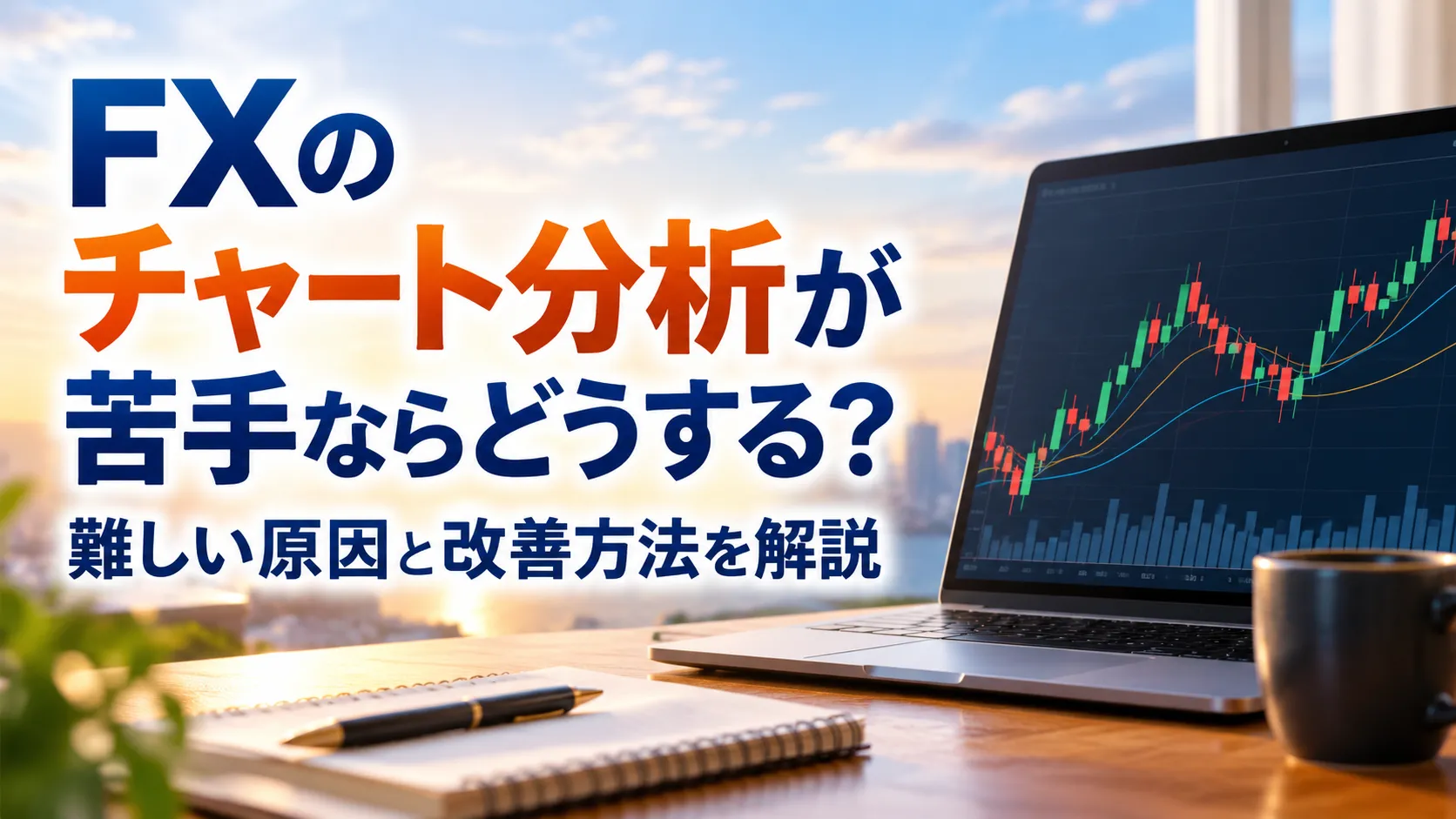 夕暮れのデスクにFXチャートを表示したノートパソコンと取引記録用ノートが置かれ、左側に記事タイトルが大きく描かれている。